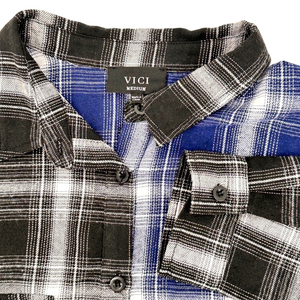 VICI Plaid Colorblock Shirt Womens Medium Blue Black Button Front Flap Pocket EX